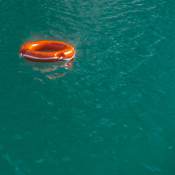 High angle view of life belt floating on sea