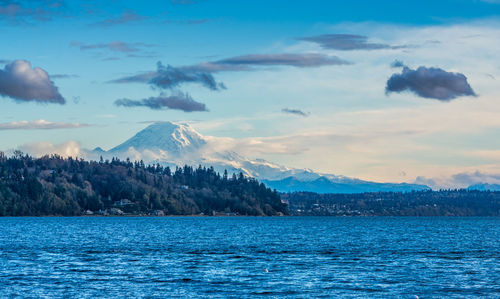 Scenic view of sea and mountains against sky