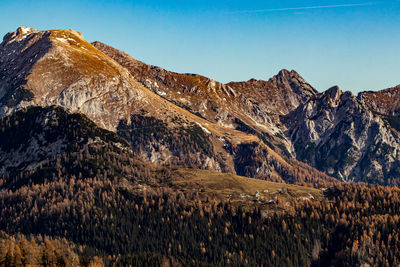 Scenic view of snowcapped mountains against clear sky