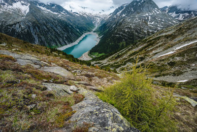 Scenic view of snowcapped mountains during winter