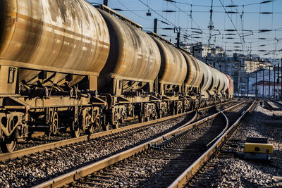 Train on railroad track against sky