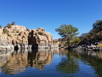 Reflection of rock formation in water against clear blue sky