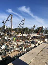 Sailboats moored at harbor against sky