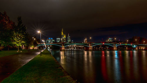 Illuminated bridge over river in city at night