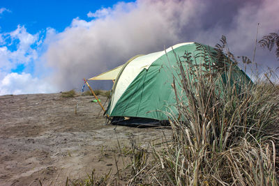 Panoramic view of tent on field against sky in bromo mountain tengger semeru