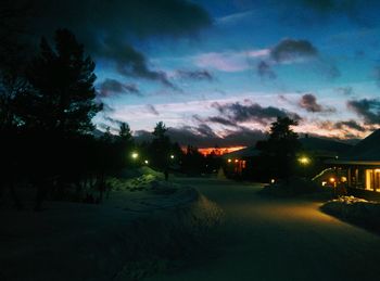 Silhouette trees by road against sky at night