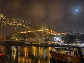 Illuminated city by river against sky at night