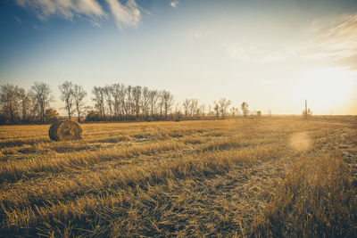 Hay bales on field against sky