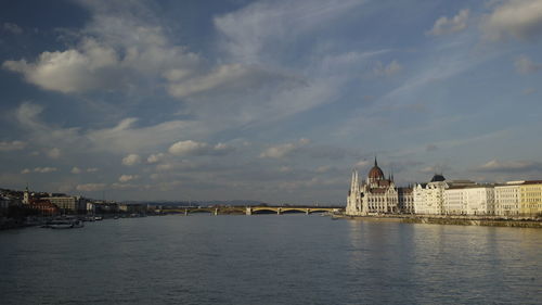 Hungarian parliament building by danube river against sky