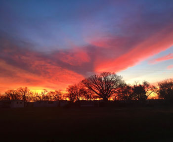 Silhouette trees on field against romantic sky at sunset