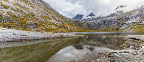 Scenic view of lake and mountains against sky