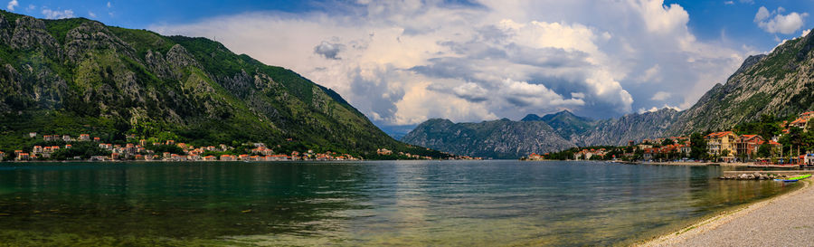 Scenic view of lake and mountains against sky