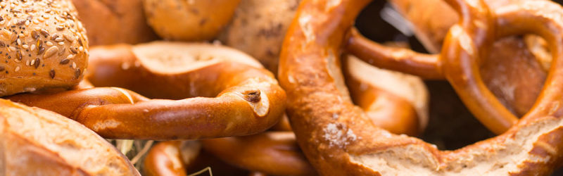 Panoramic shot of pretzels at market for sale