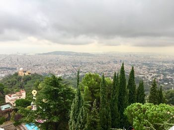 High angle view of trees and buildings against sky