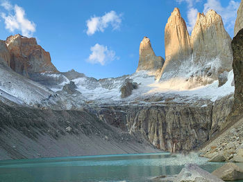 Scenic view of snowcapped mountains against sky las torres at sunrise  torres del paine patagonia 