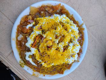 High angle view of breakfast served on table