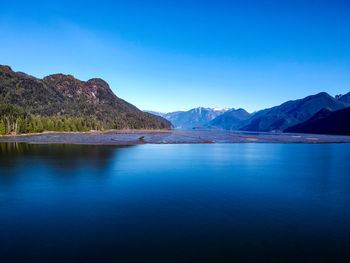 Scenic view of lake and mountains against clear blue sky