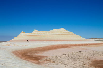 Scenic view of desert against clear blue sky