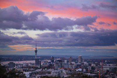 Buildings against cloudy sky during sunset