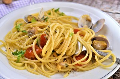 High angle view of noodles in plate on table