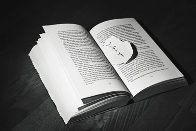 High angle view of open book on table