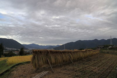 Hay bales on field against sky