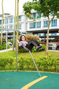 Active child playing at the playground. happy and fun time.