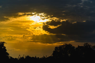 Silhouette trees against dramatic sky during sunset