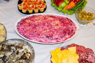 High angle view of fruits in plate on table