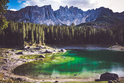 Scenic view of lake and mountains against sky