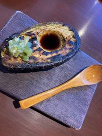 High angle view of breakfast on table