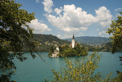 Scenic view of lake against cloudy sky