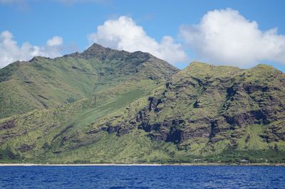 Scenic view of mountain by sea against sky