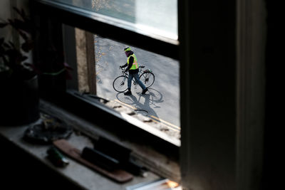 High angle view of bicycle on window
