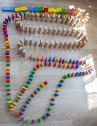 High angle view of colorful blocks arranged on floor