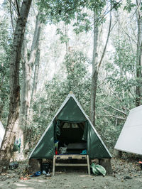 Small permanent tent in forest near river