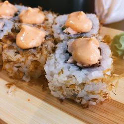 Close-up of sushi served in plate