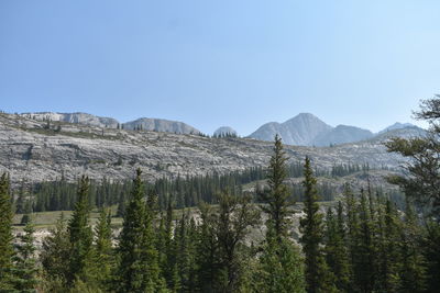Panoramic view of land and mountains against clear sky