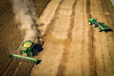 High angle view of tractor on agricultural field