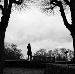 Silhouette man walking by bare tree against sky