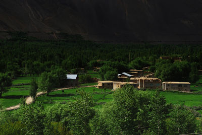 Scenic view of field by houses and trees