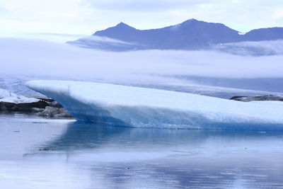 Scenic view of lake and snowcapped mountains against sky during winter