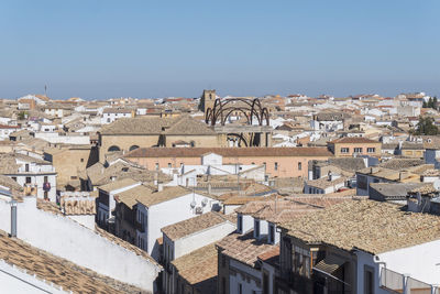 High angle view of townscape against clear sky