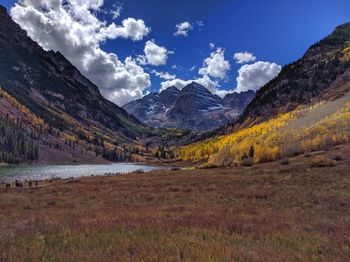 Scenic view of mountains against cloudy sky