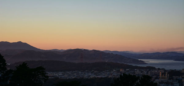 Scenic view of silhouette mountains against sky at sunset