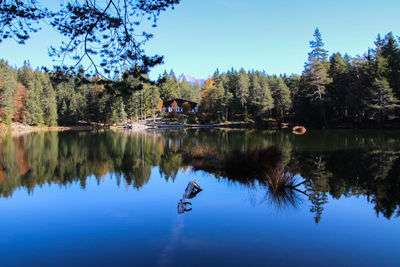 Scenic view of lake against blue sky