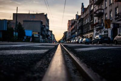 Surface level of tramway on street in city