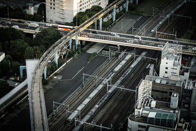 High angle view of railroad tracks in city