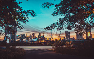 Trees and buildings against sky during sunset