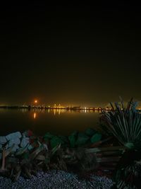 Illuminated beach by sea against clear sky at night